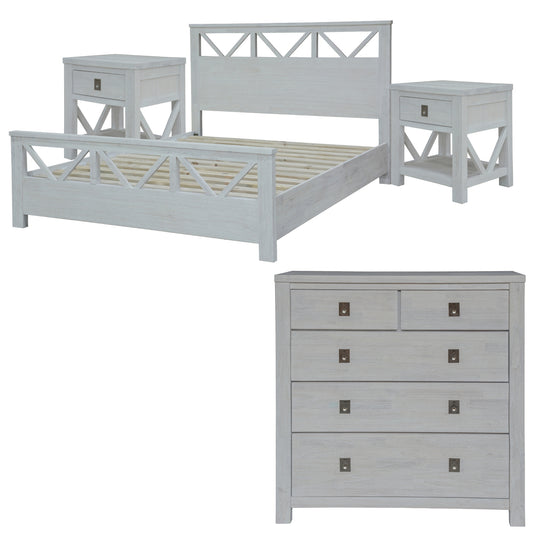 Myer 4pc Double Bed Suite Bedside Tallboy Bedroom Furniture Package White Wash