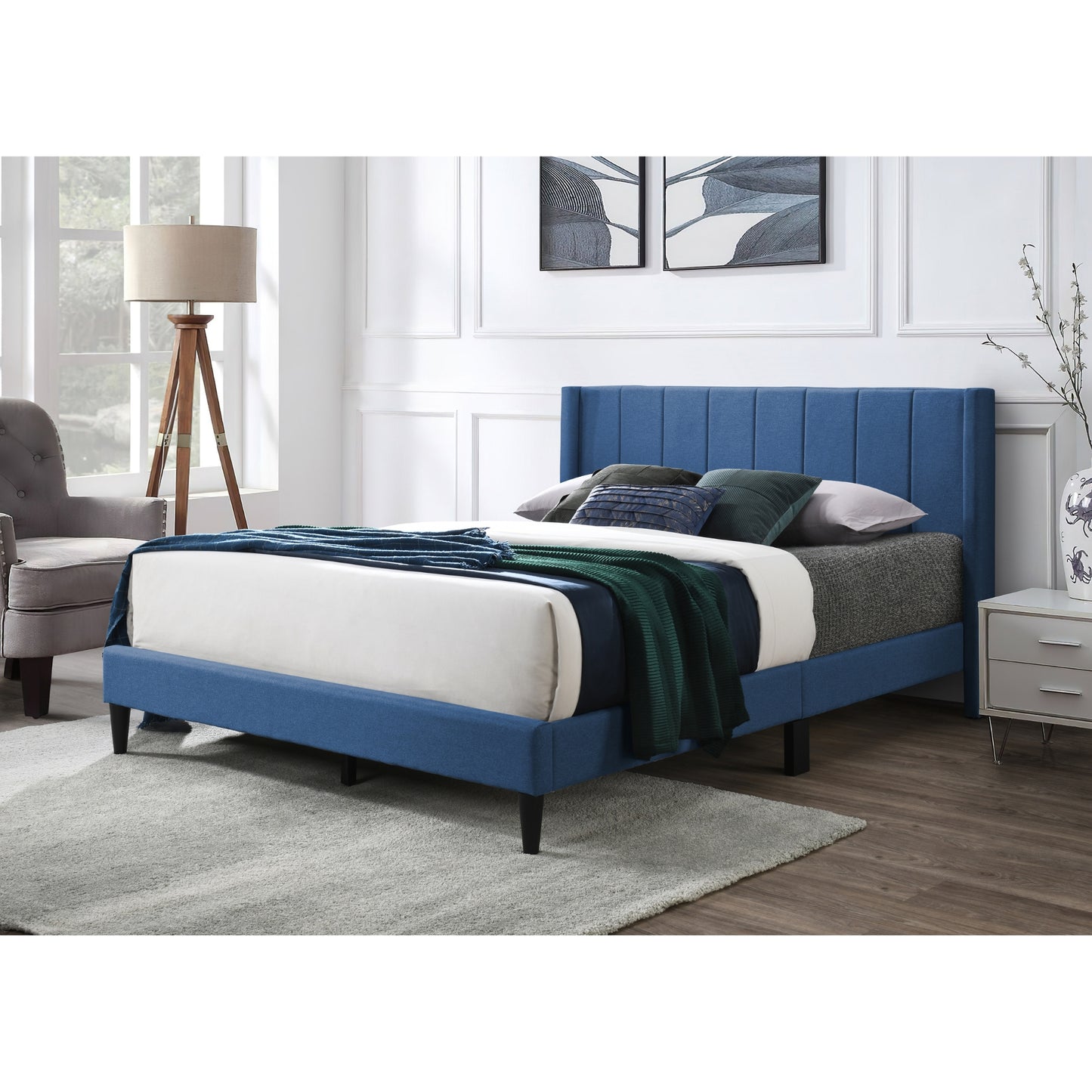 Samson Double Bed Winged Headboard Fabric Upholstered - Blue