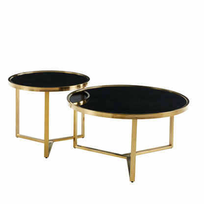 Interior Ave - Designer Giselle Black Glass & Brushed Gold Coffee Table Set