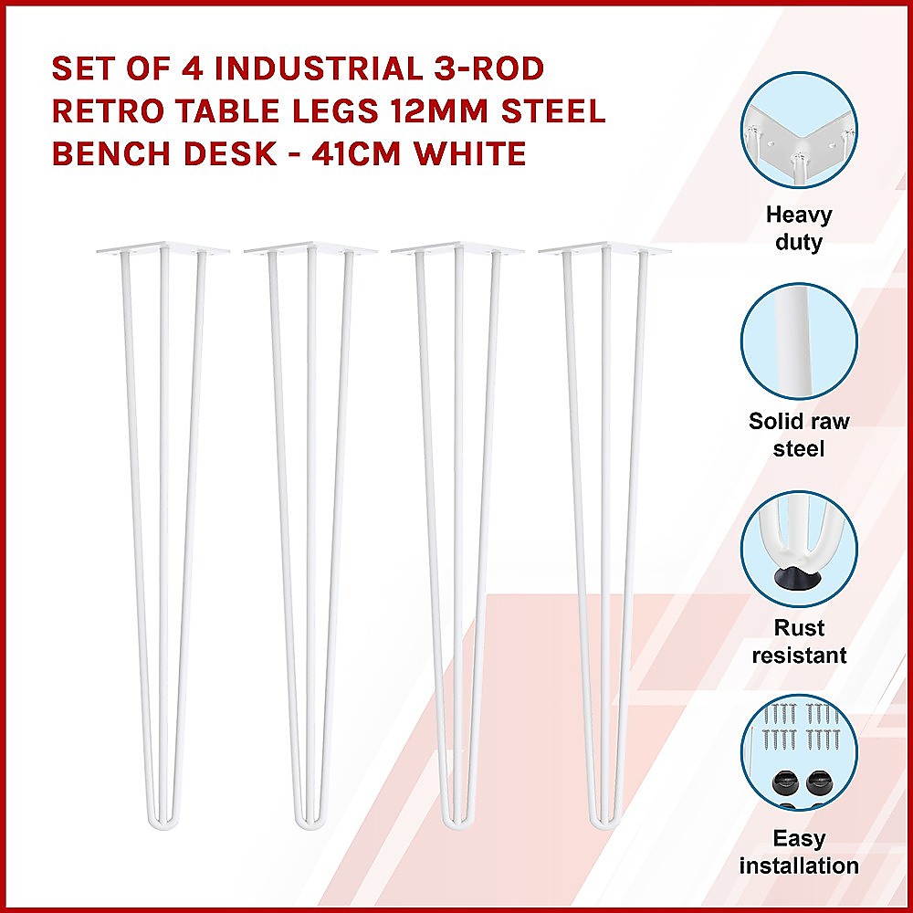 Set of 4 Industrial 3-Rod Retro Table Legs 12mm Steel Bench Desk - 41cm White