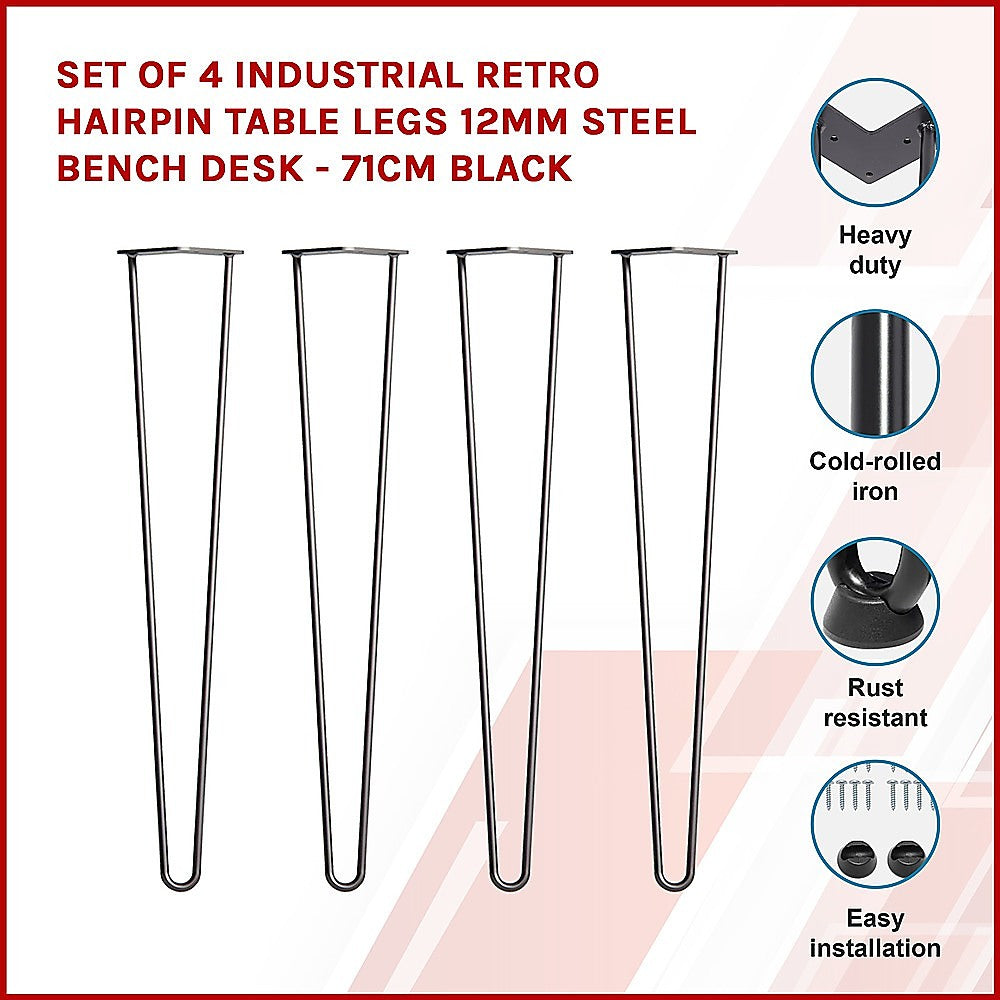 Set of 4 Industrial Retro Hairpin Table Legs 12mm Steel Bench Desk - 71cm Black